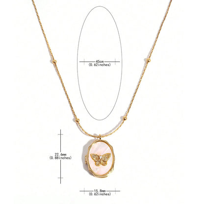 Dimension measurement chart for gold plated brass oval photo locket pendant decorated with natural shell butterfly