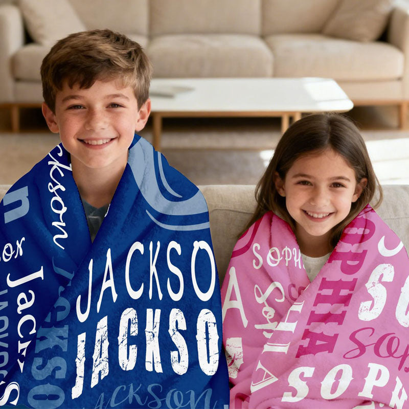 Family kids personalized custom blankets indoor lifestyle picture