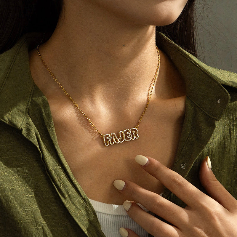 Real collarbone wearing effect of gold stainless steel bubble letter necklace with cubic zirconia outline frame