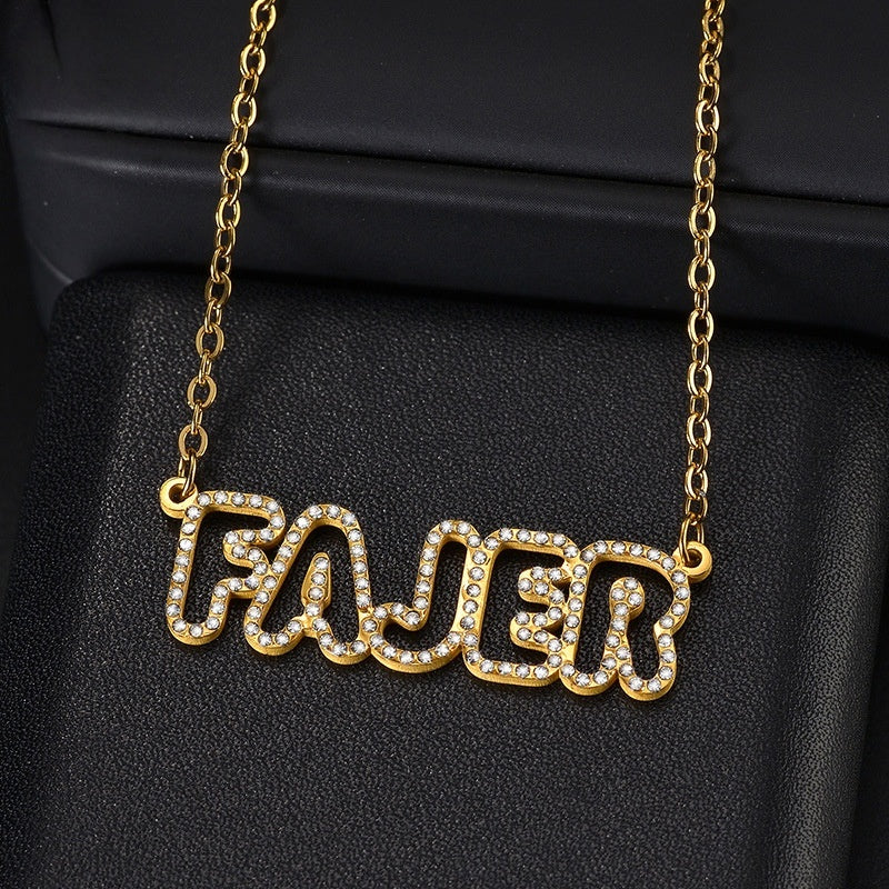 Bubble letter stainless steel zircon necklace placed on black leather texture surface for commodity display