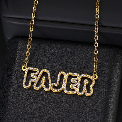 Bubble letter stainless steel zircon necklace placed on black leather texture surface for commodity display
