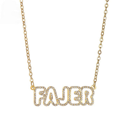 Studio shot of stainless steel custom bubble font zircon letter necklace on plain white background