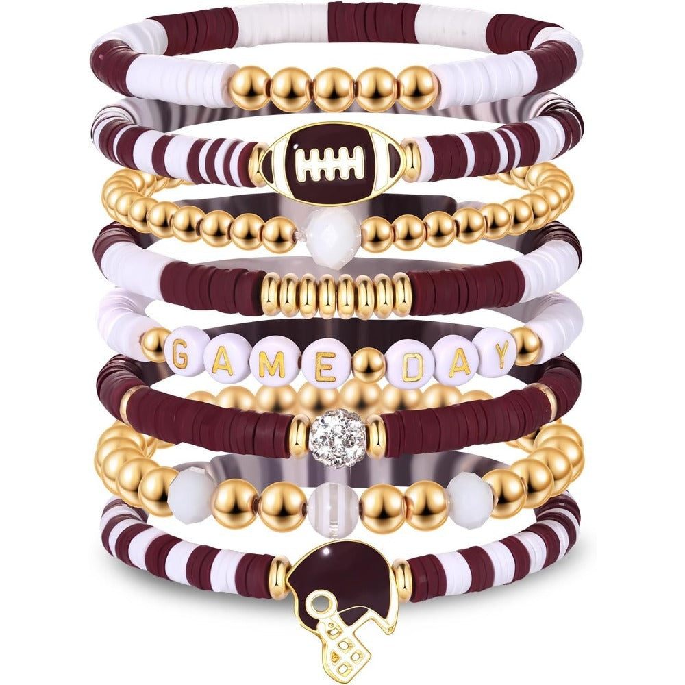 Burgundy and Cream Game Day Bracelet Stack, 8Pcs Football Team Color Beaded Bracelets
