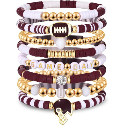 Burgundy and Cream Game Day Bracelet Stack, 8Pcs Football Team Color Beaded Bracelets