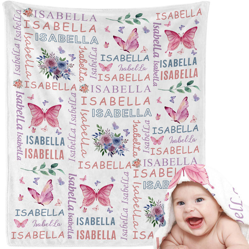Butterfly floral repeated custom name baby blanket soft flannel infant swaddle sentimental keepsake blanket for newborn girls