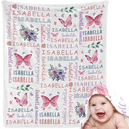 Butterfly floral repeated custom name baby blanket soft flannel infant swaddle sentimental keepsake blanket for newborn girls