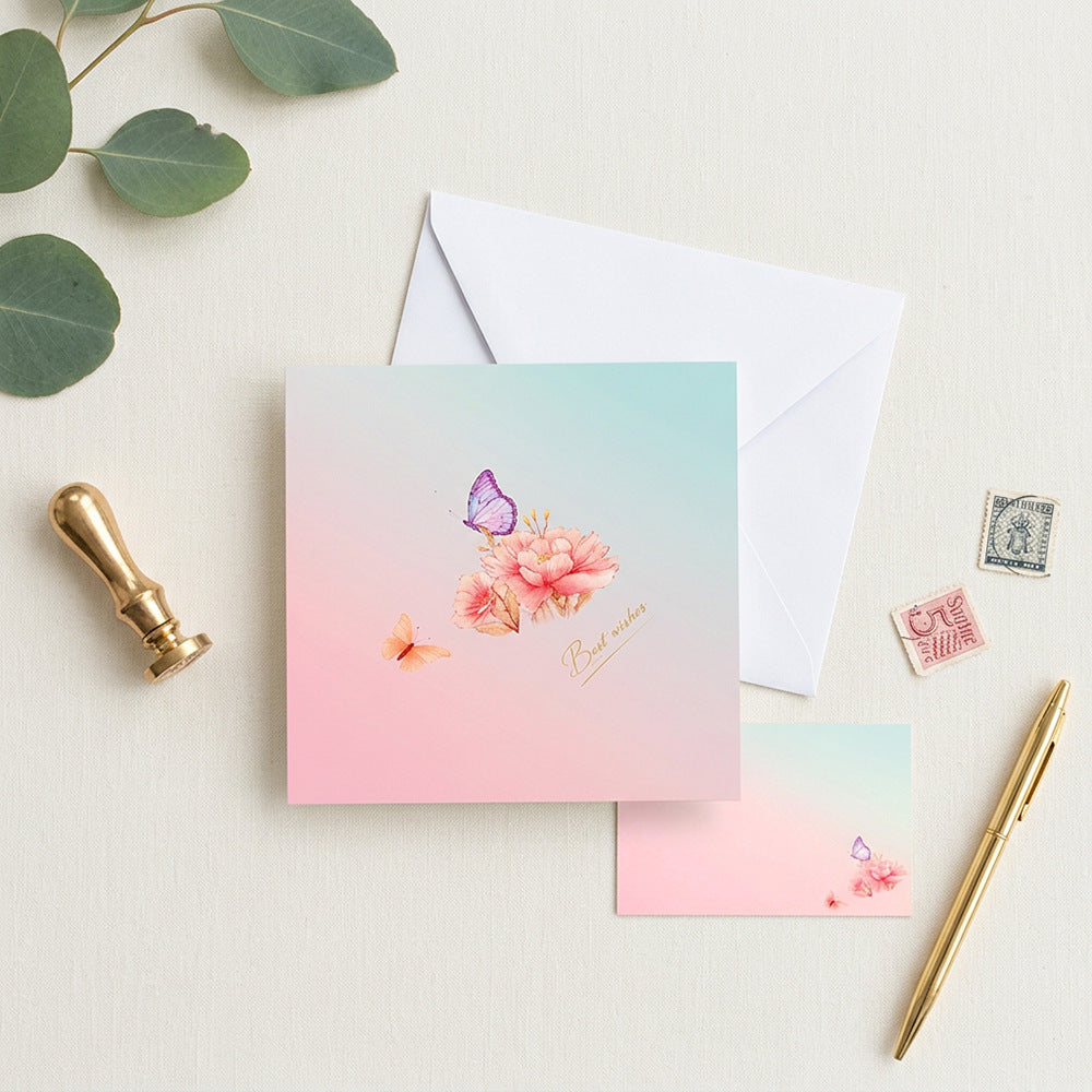 Butterfly flower pop up greeting card, envelope and note card flat lay