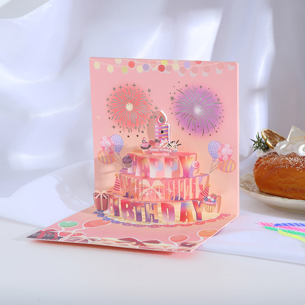 fireworks 3D birthday cake pop up greeting card