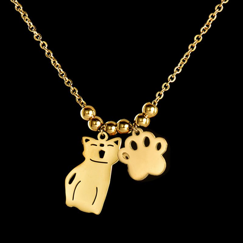 Personalized gold necklace girl silhouette and cat paw charm family pet keepsake jewelry