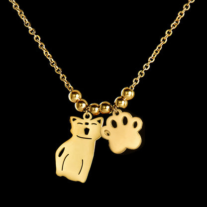 Personalized gold necklace girl silhouette and cat paw charm family pet keepsake jewelry
