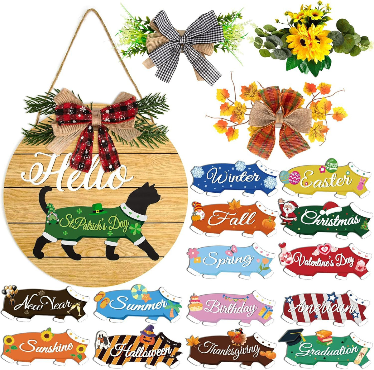All seasonal wooden cutouts collection for interchangeable cat hello welcome door sign, holiday decoration pieces