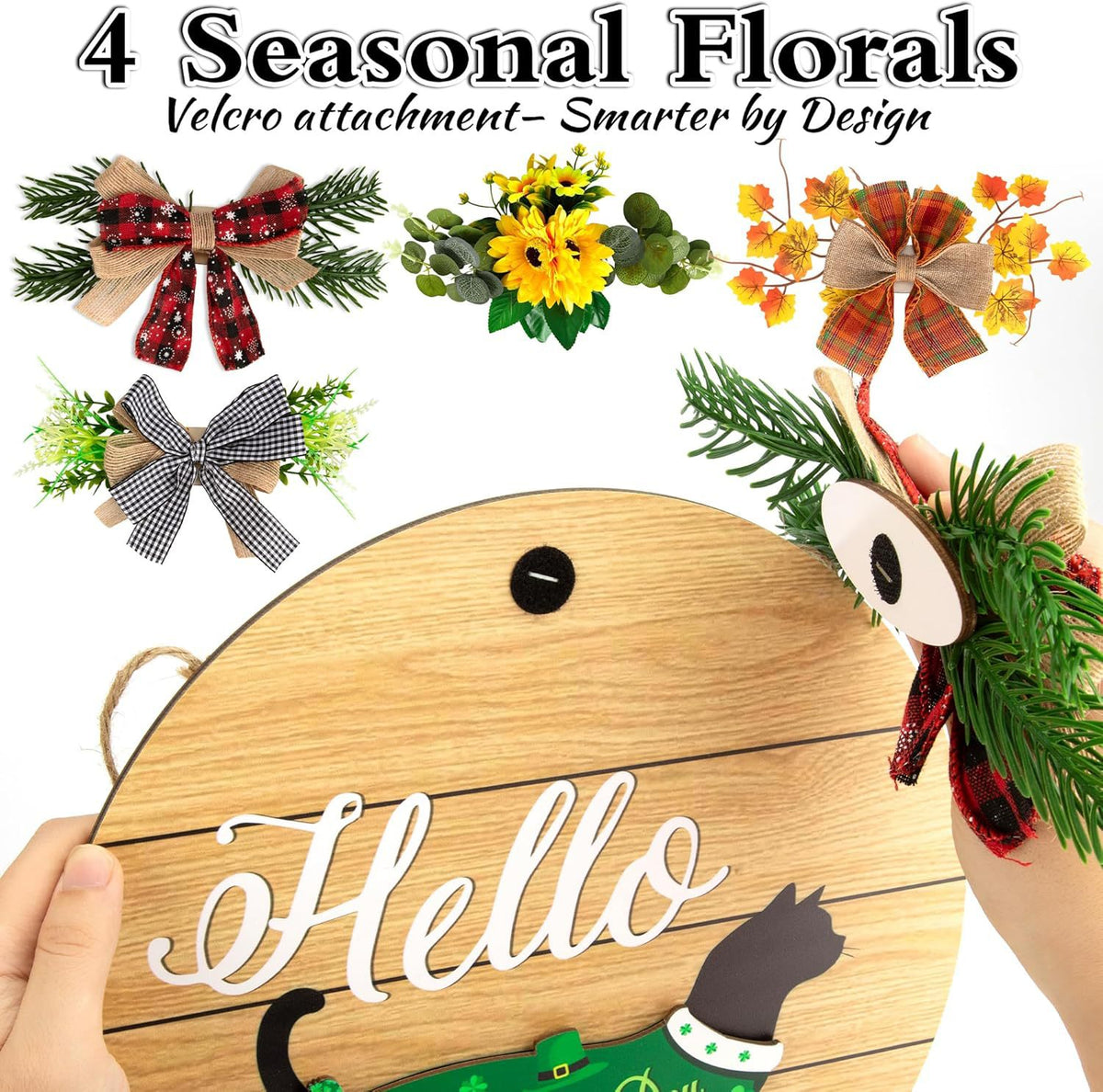 Interchangeable cat hello welcome wooden door hanger, perfect housewarming gift for farmhouse home decoration