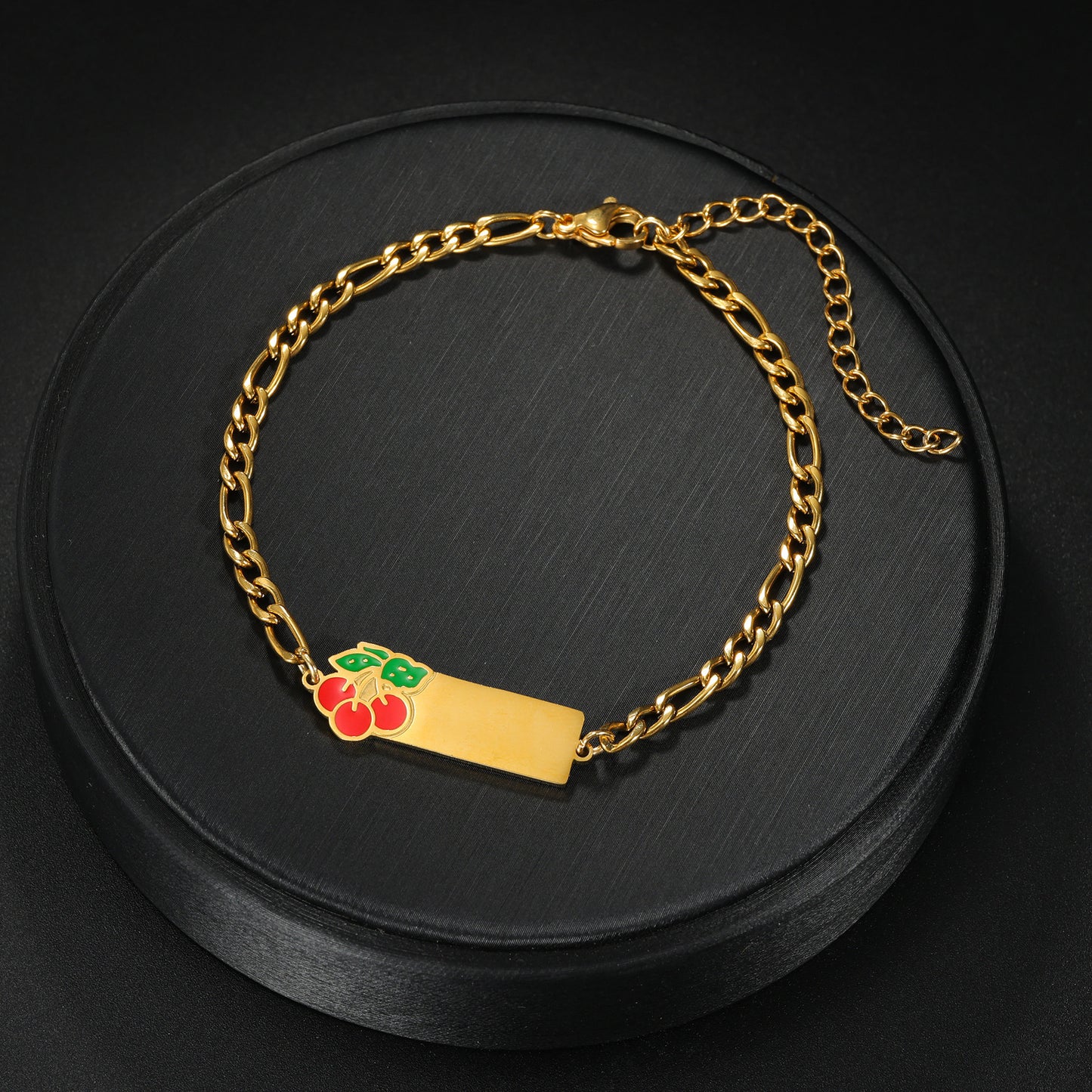 Cute cherry enamel charm personalized gold name bar bracelet, custom engraved wrist jewelry for teen girls