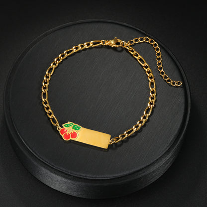 Cute cherry enamel charm personalized gold name bar bracelet, custom engraved wrist jewelry for teen girls