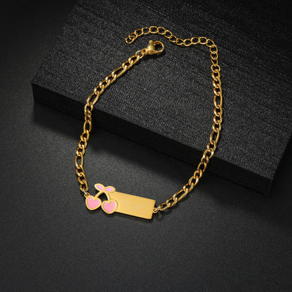 Pink double cherry enamel charm personalized gold name bar bracelet, custom engraved couple matching wrist jewelry