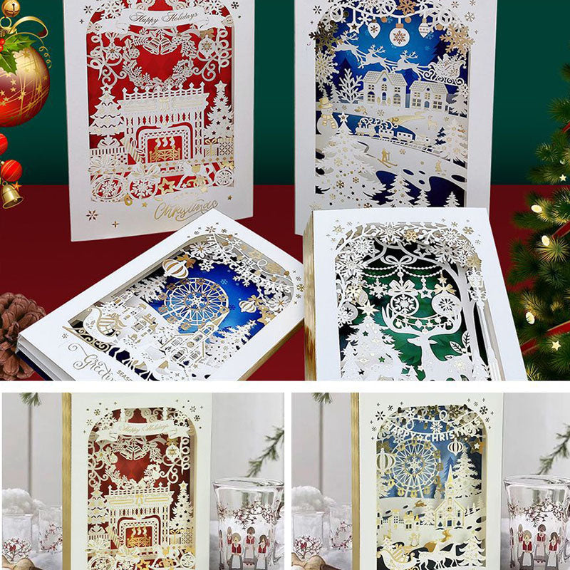 Multiple styles laser layered winter scene Christmas pop up greeting card display