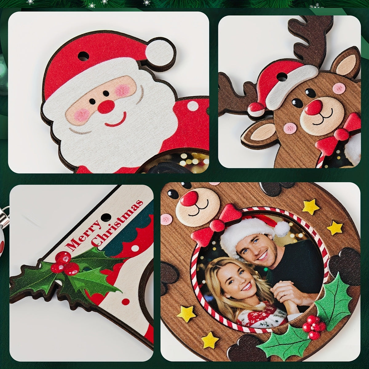 Close Up Collage of Custom Photo Wooden Christmas Ornament, Customized Family Picture Decor