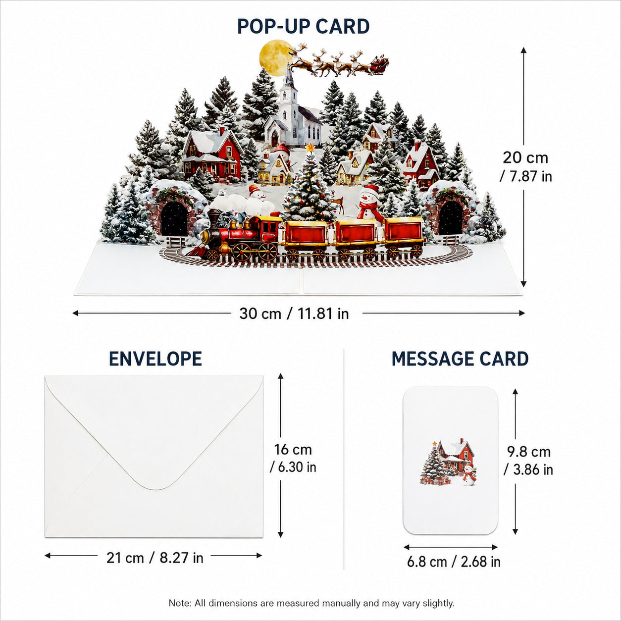 Christmas Village Train Pop Up Card product size dimensions chart in inches