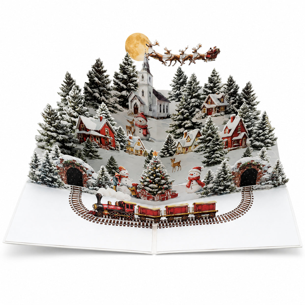 Laser cut Christmas village train pop up card holiday 3D scenery close-up