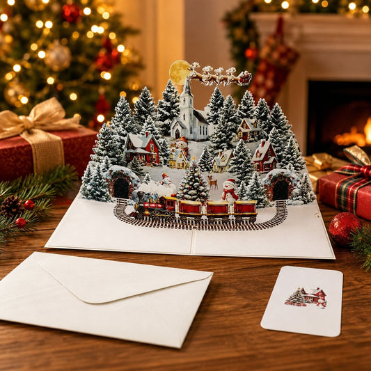 Christmas Village Train 3D Pop Up Christmas Greeting Card with envelope and message card