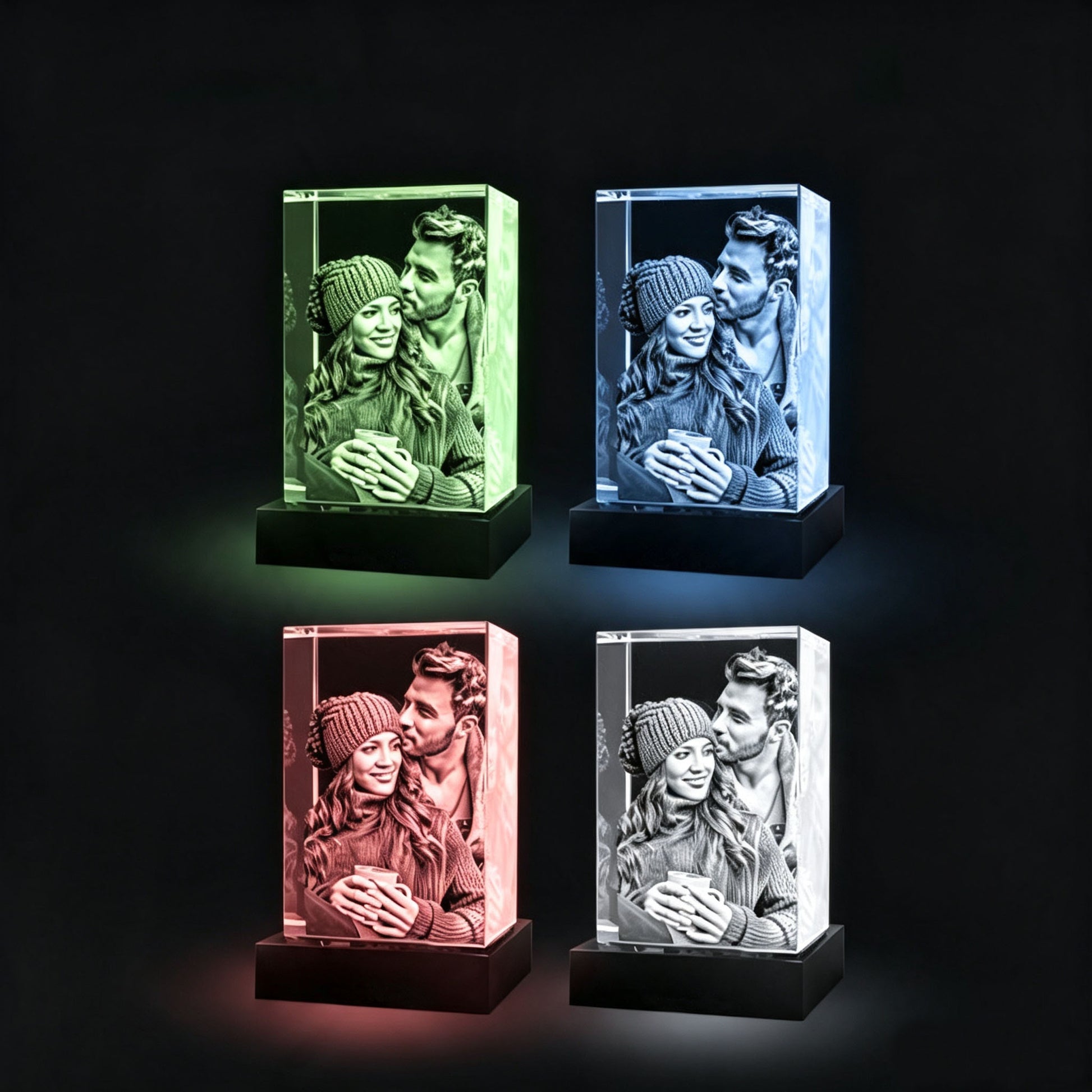 Multi Color LED Light Base 3D Engraved Crystal Photo Cube Set