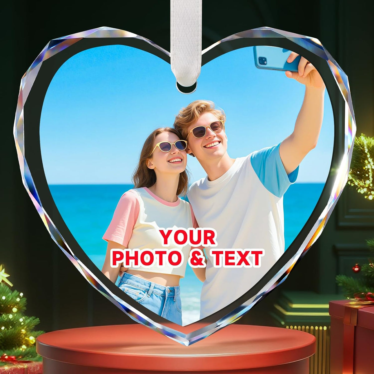 Couple custom photo heart crystal personalized Christmas ornament