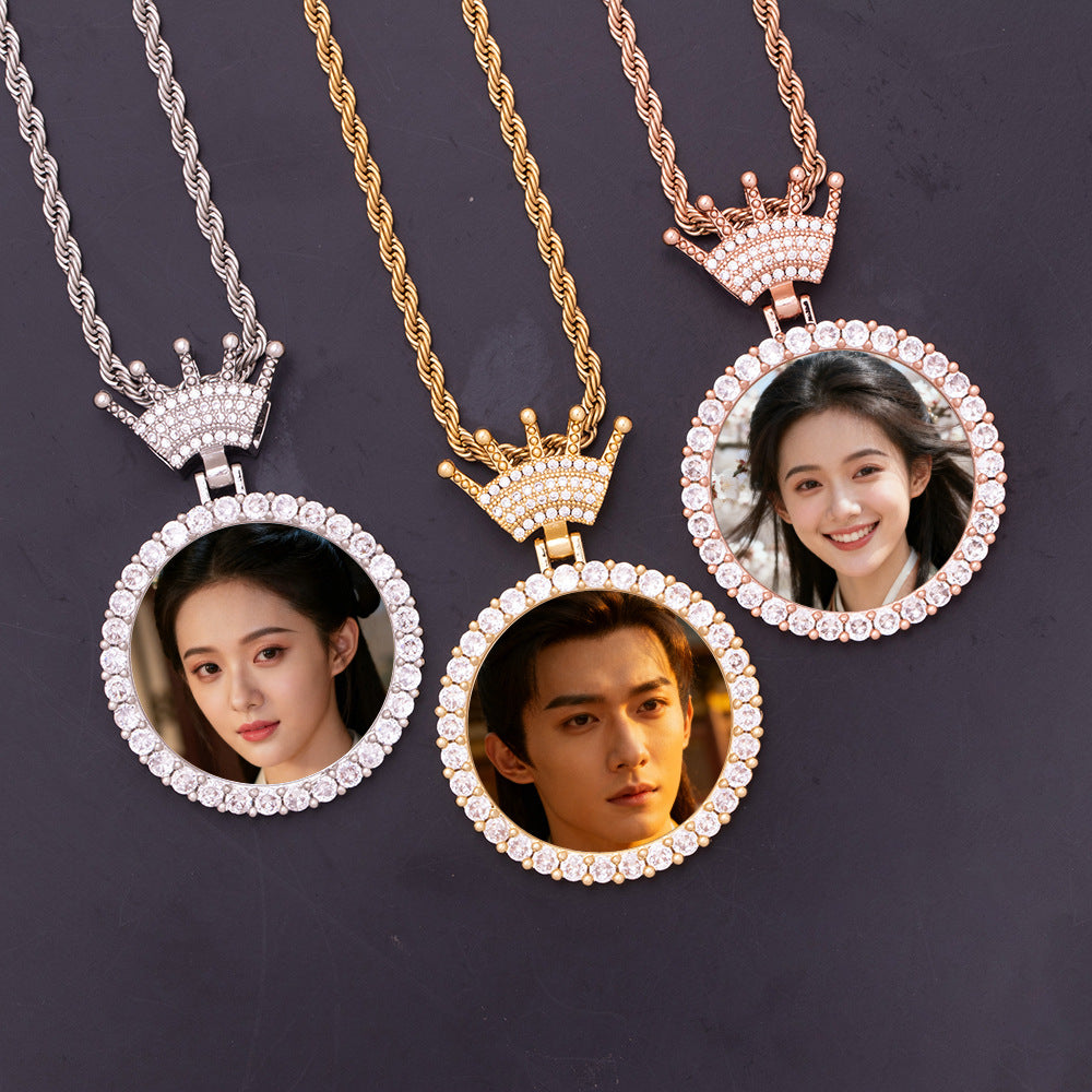 Custom Iced Crown Photo Necklace 3 Tone Silver Gold Rose Gold Diamond Halo Personalized Portrait Twist Rope Chain Memory Keepsake Jewelry