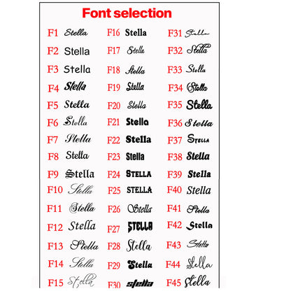 Complete font style reference chart for personalized engraved special date number necklace, multiple custom font options