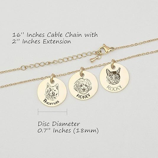 Size reference chart for personalized engraved round portrait pendant necklace