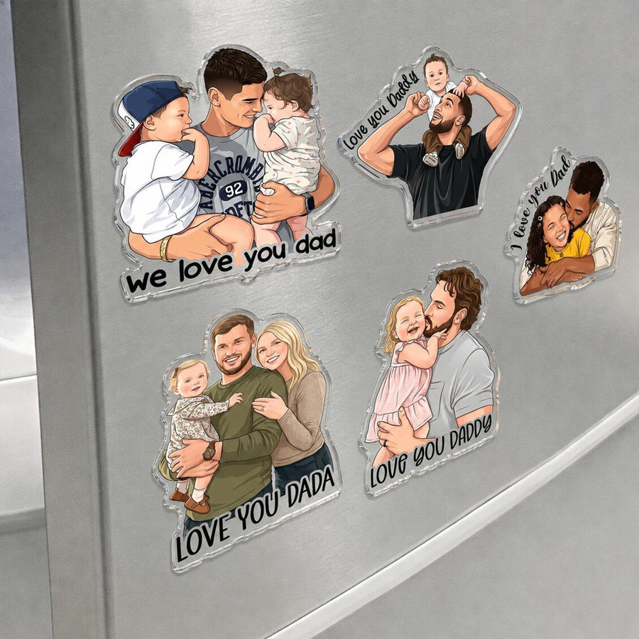 Multiple custom cartoon family portrait acrylic fridge magnets displayed on fridge
