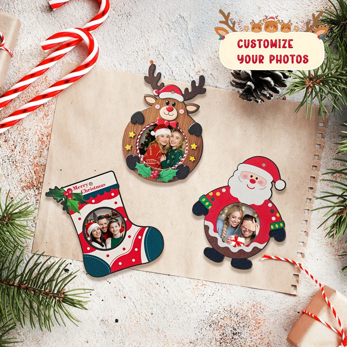 Custom Family Photo Wooden Christmas Ornament Display, Santa Reindeer Stocking Decor