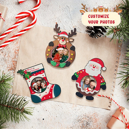Custom Family Photo Wooden Christmas Ornament Display, Santa Reindeer Stocking Decor