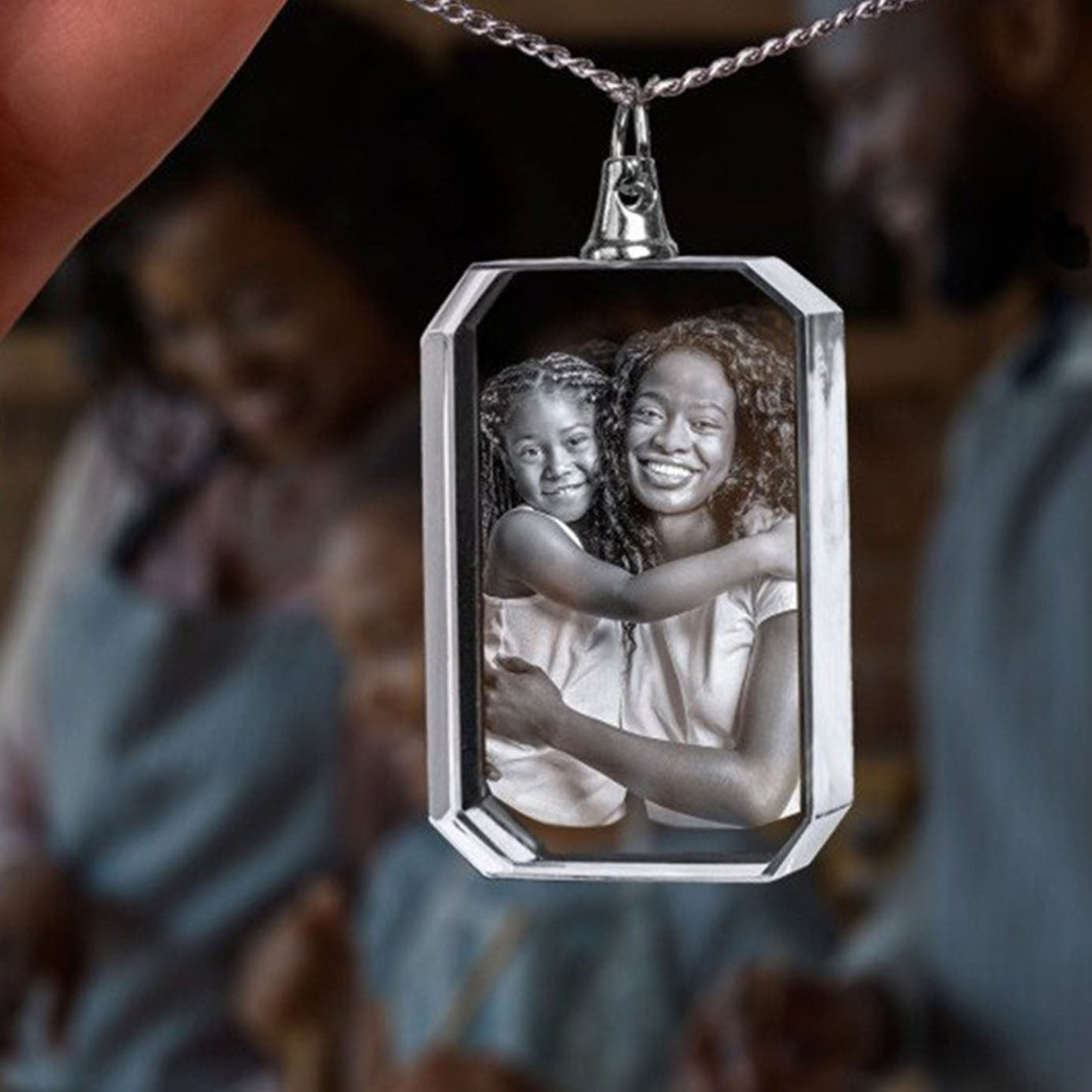 Engraved Family Picture Crystal Dog Tag Necklace