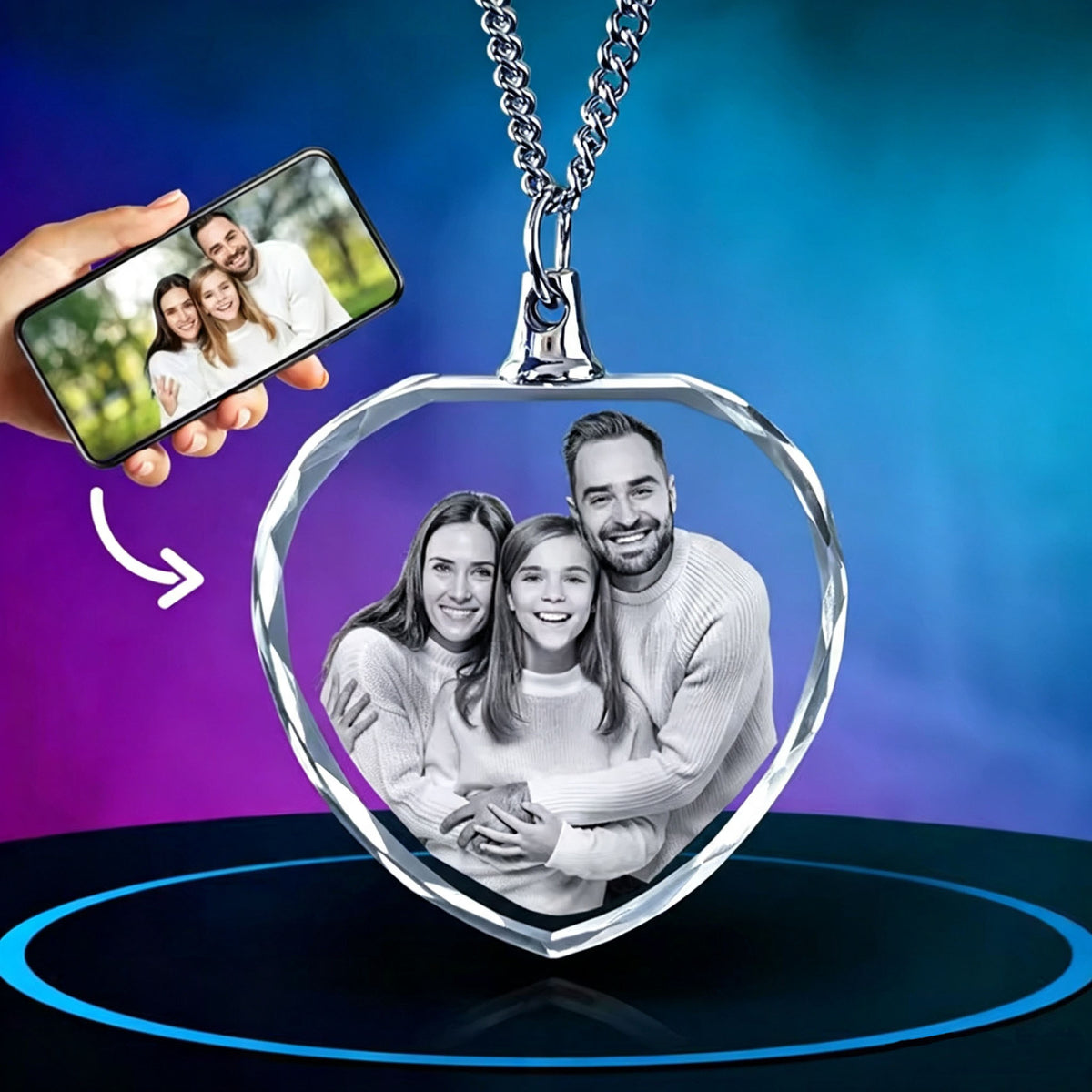 Personalized Family Picture Engraved Heart Crystal Necklace
