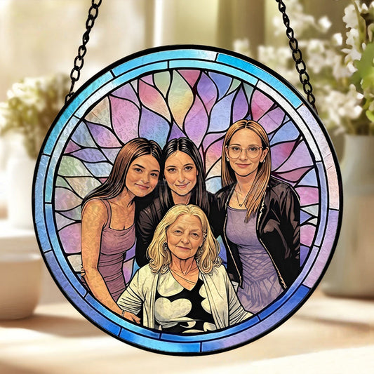 Custom family portrait stained glass suncatcher, personalized photo window hanging decor sentimental family keepsake gift