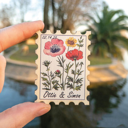 Custom name vintage floral stamp wooden refrigerator magnet wedding keepsake