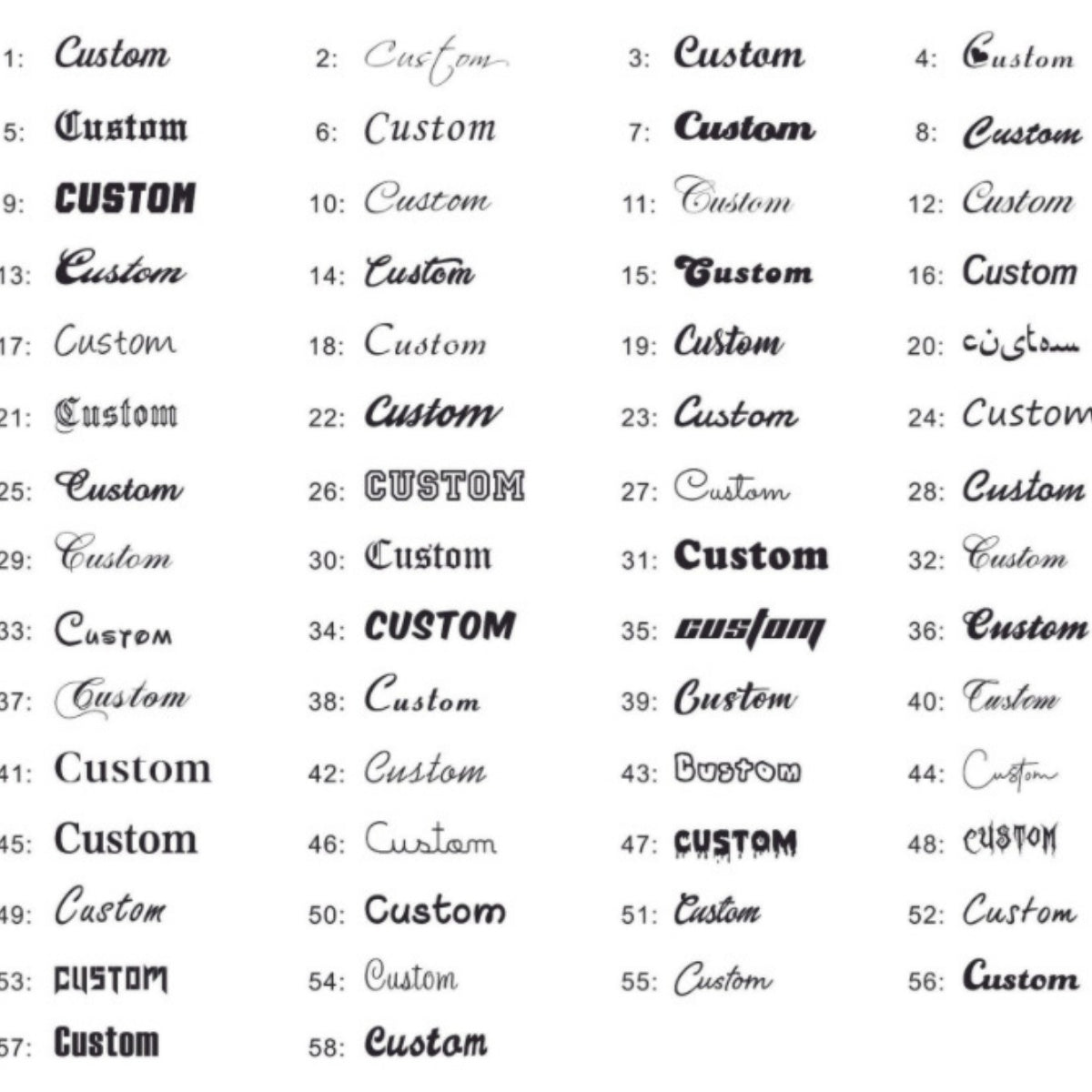 Custom Cursive Font Options Table Personalized Safety Pin Name Necklace Engraving Font Selection