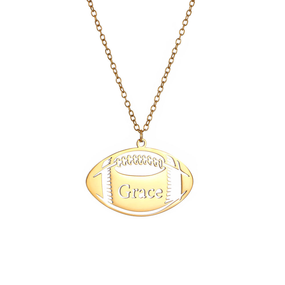 Custom Name Football Necklace, Gold Stainless Steel Rugby Pendant Personalized Sports Jewelry