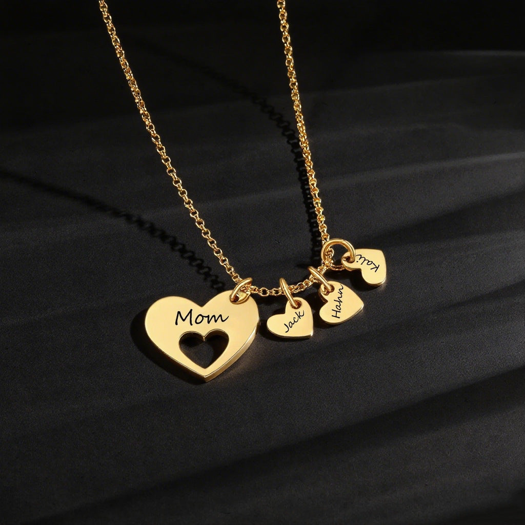 18K gold plated multi heart engraved name necklace, hollow big heart with tiny custom text charms for mom