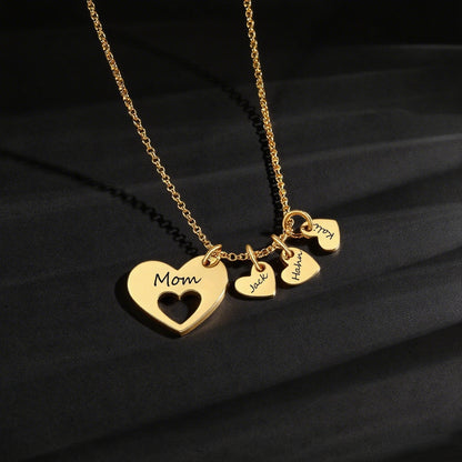 18K gold plated multi heart engraved name necklace, hollow big heart with tiny custom text charms for mom