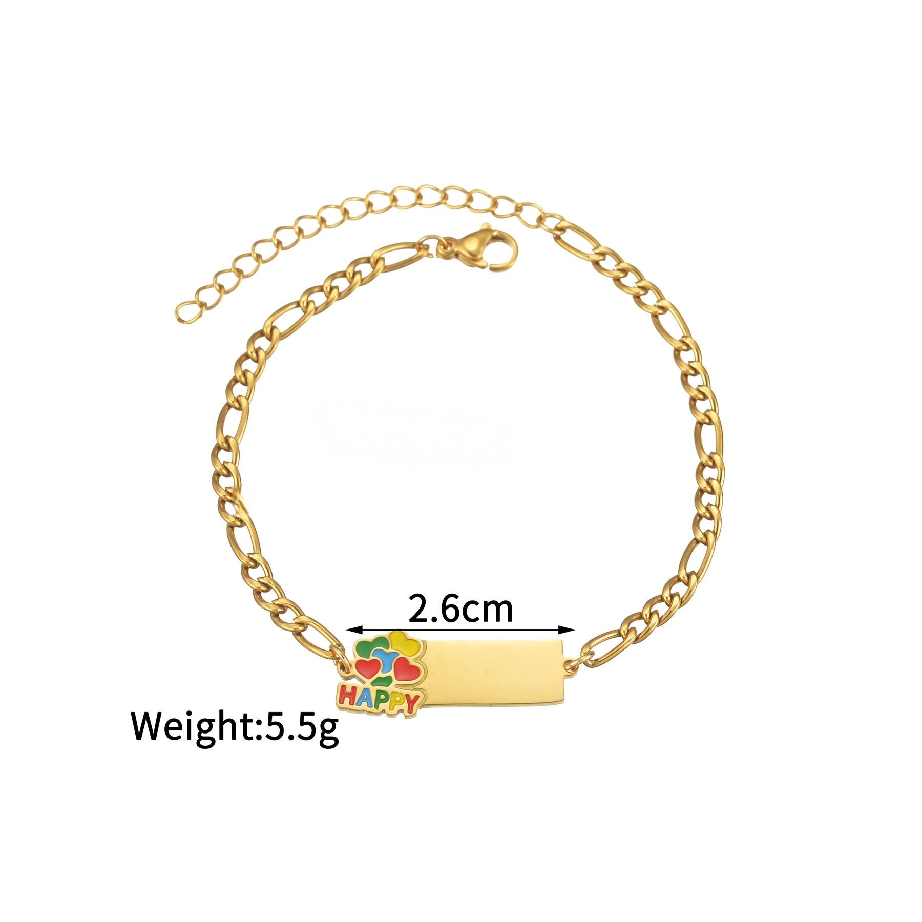 Size and weight parameter chart of personalized enamel name bar gold bracelet, 2.6cm engraved bar, 5.5g lightweight wrist jewelry