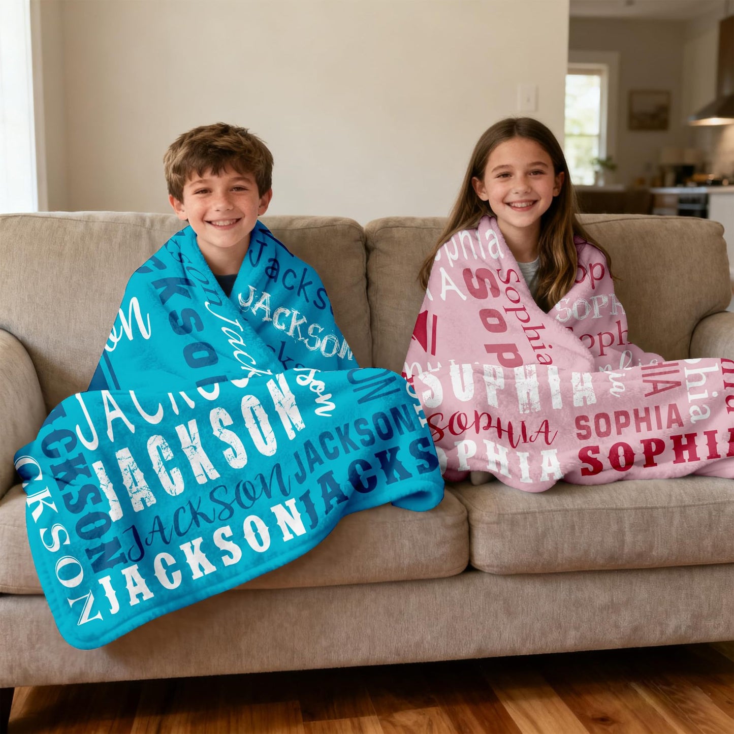 Kids wrapped custom name blankets sofa living room use scene