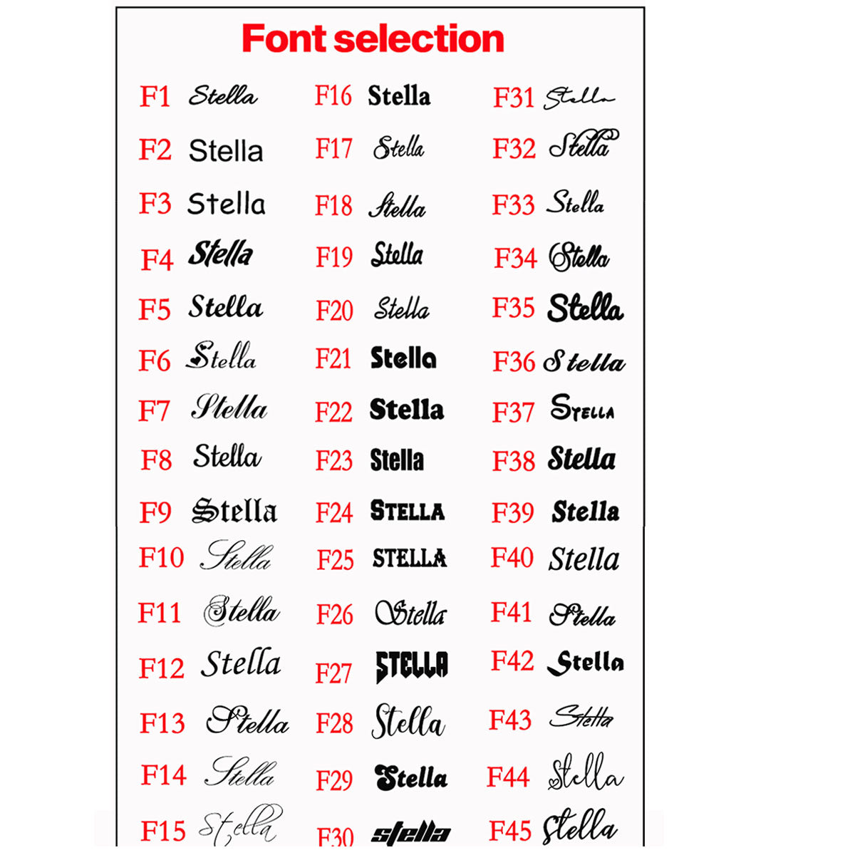 Complete font style reference chart for personalized hollow cubic zirconia custom name necklace, multiple letter font options