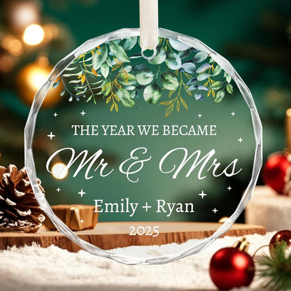 Custom names round Mr Mrs personalized wedding ornament