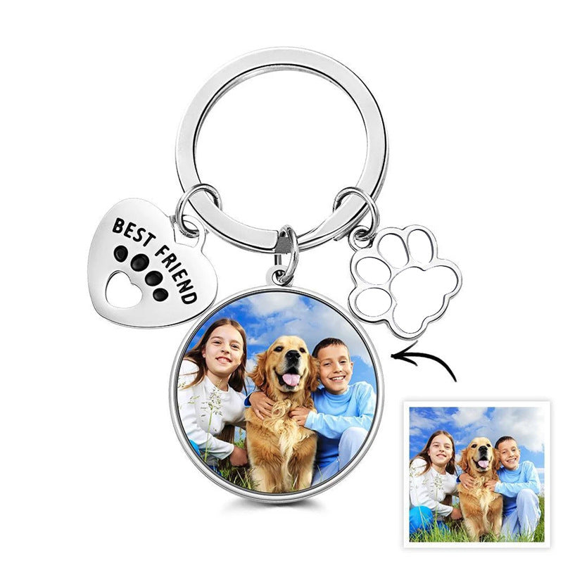 Custom personalized pet photo keychain with paw print and heart charm, engraved best friend dog memorial photo key ring gift