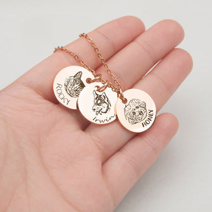 Custom engraved round disc necklace with multiple pet & human portrait charms, personalized memorial jewelry in rose gold