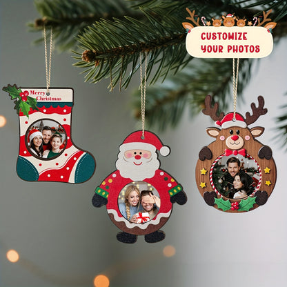 Custom Photo Wooden Christmas Ornament, Personalized Santa Reindeer Stocking Xmas Tree Hanging Decor