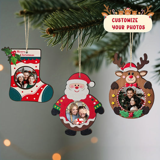 Custom Photo Wooden Christmas Ornament, Personalized Santa Reindeer Stocking Xmas Tree Hanging Decor