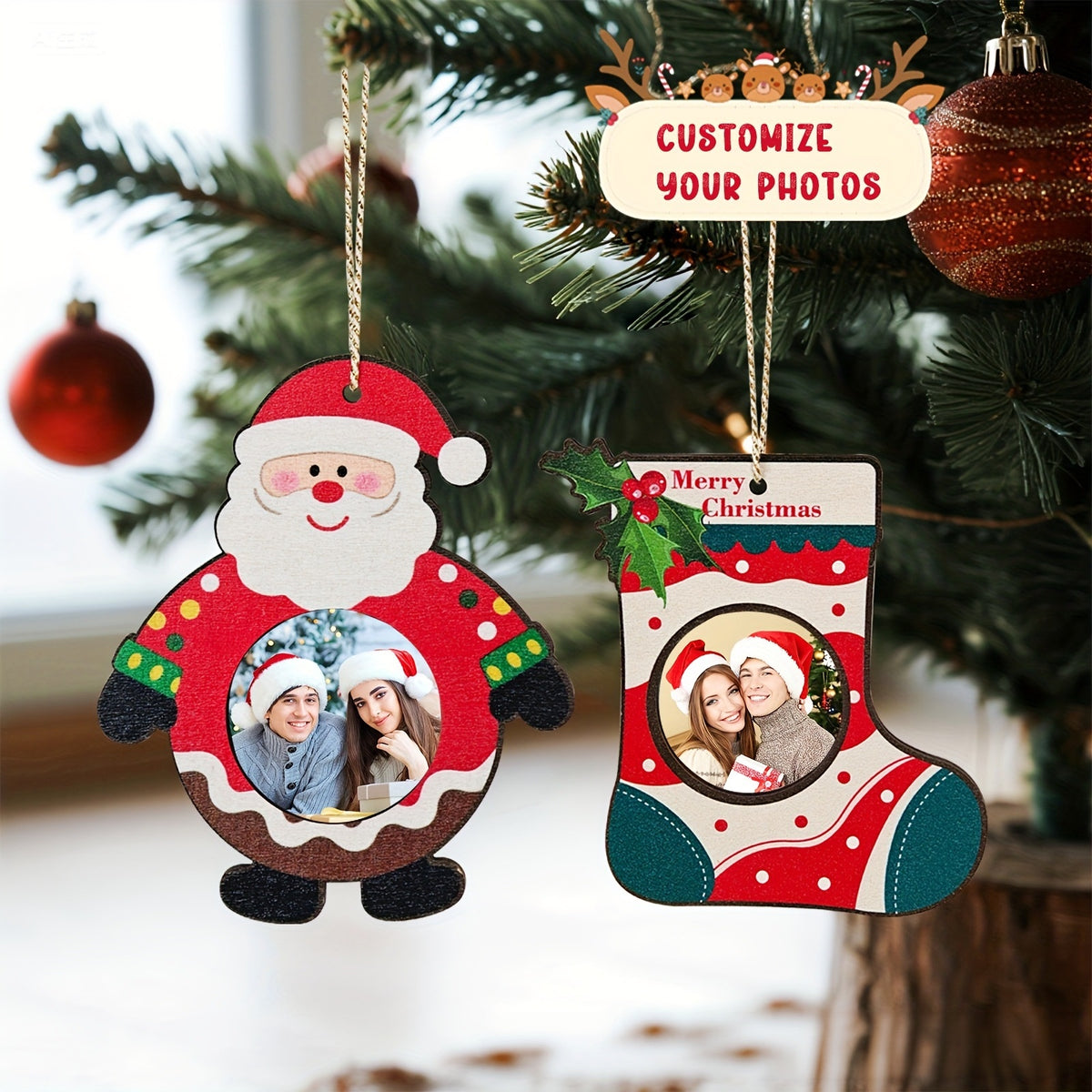 Custom Photo Wooden Christmas Ornament Hanging on Christmas Tree, Santa & Stocking Design
