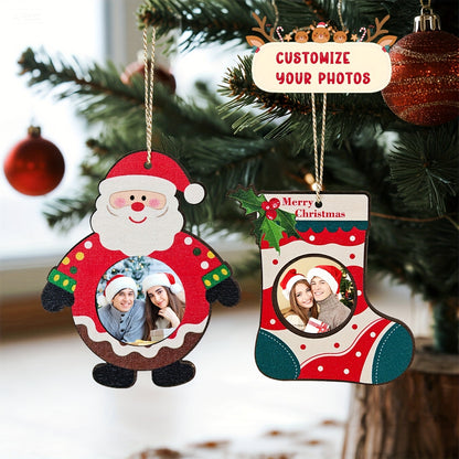 Custom Photo Wooden Christmas Ornament Hanging on Christmas Tree, Santa & Stocking Design